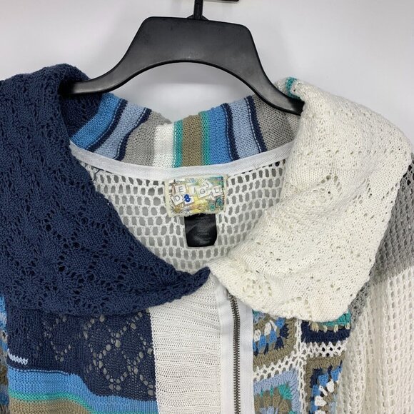 Desigual Cardigan Patchwork White Blue Acrylic Knit Zip Front - Picture 2 of 9